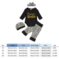 4 Pcs Mama's Bestie Baby Girls Romper + Leopard Splicing Pants, Hairband & Hat