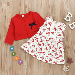 Casual Baby Girls Cherry Dress + Bowknot Tops Outfit