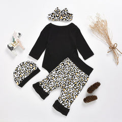 4 Pcs Mama's Bestie Baby Girls Romper + Leopard Splicing Pants, Hairband & Hat