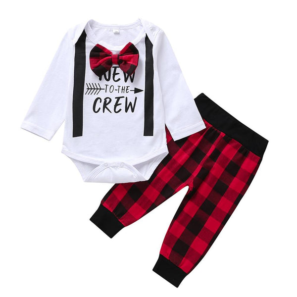 2 Pcs Baby Boy Leisure Bow Romper + Plaid Pants Suits