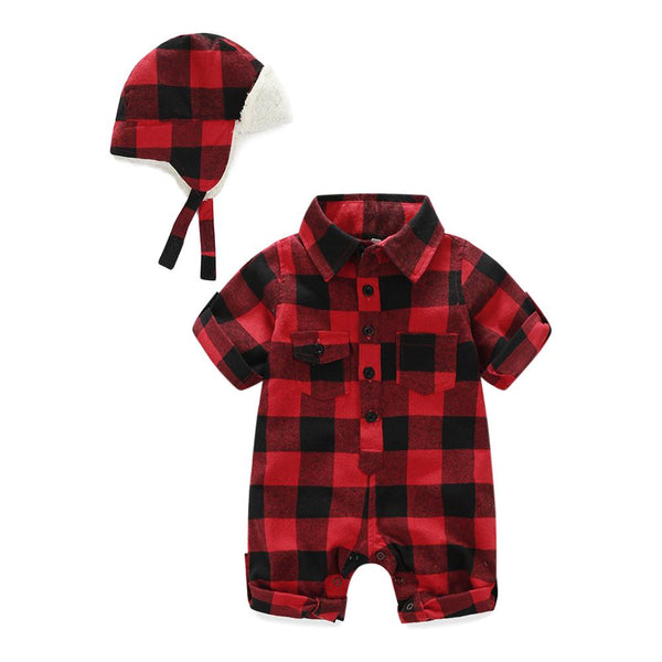 2 Pcs Baby Plaid Jumpsuit + Hat