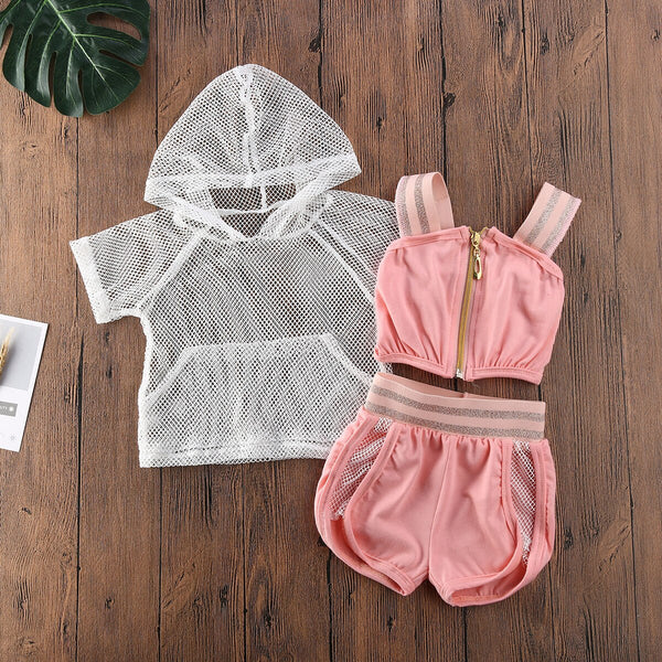 Baby Girls Fishnet Hoodies + Shorts Loose Pleated Tracksuit