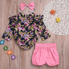 3 Pcs Spring Baby Girls Floral Romper + Shorts + Headdress