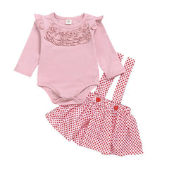 2 Pcs  Baby Girls Ruffled Tops + Suspender Skirt