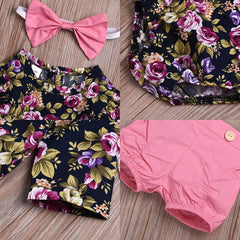 3 Pcs Spring Baby Girls Floral Romper + Shorts + Headdress