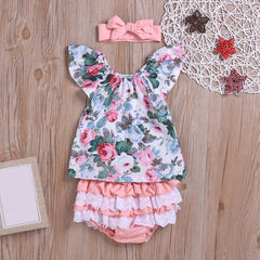 Baby Girl Spring/Summer Flower Dress+Bowknot Headband+Underwear