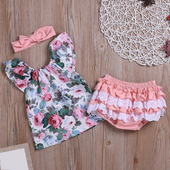 Baby Girl Spring/Summer Flower Dress+Bowknot Headband+Underwear