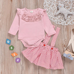 2 Pcs  Baby Girls Ruffled Tops + Suspender Skirt