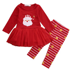 2PCS Baby Girls Xmas Tops Dress + Pants Sets