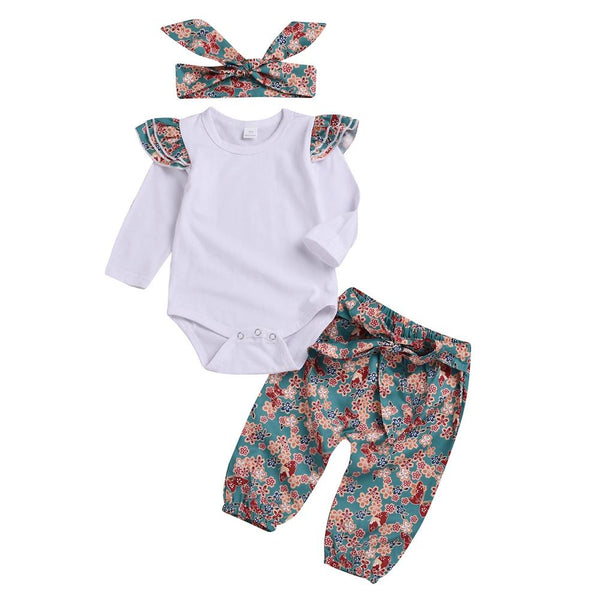 3 Pcs Baby Girl Floral Rompers + Pants + Headband