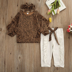 3Pcs 1-5 Years Girl Leopard Sweatshirt + Pants + Headband