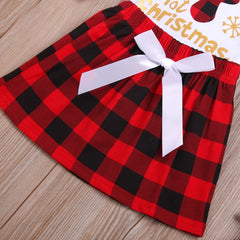 3 Pcs Baby Girls Christmas Plaid Tops +Skirt+Headband