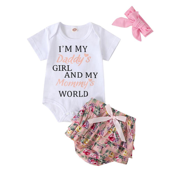 3 Pcs Baby Girls Romper + Floral Shorts + Headband