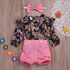 3 Pcs Spring Baby Girls Floral Romper + Shorts + Headdress