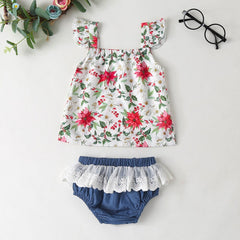 2 Pcs Baby Girl Summer Strap Tops + Lace Bow Briefs