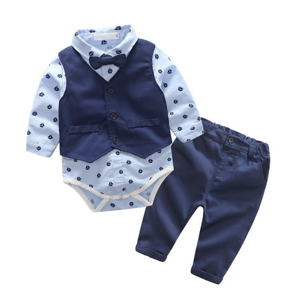 3 Pcs Baby Boy Vest Romper + Pants + Bow Set