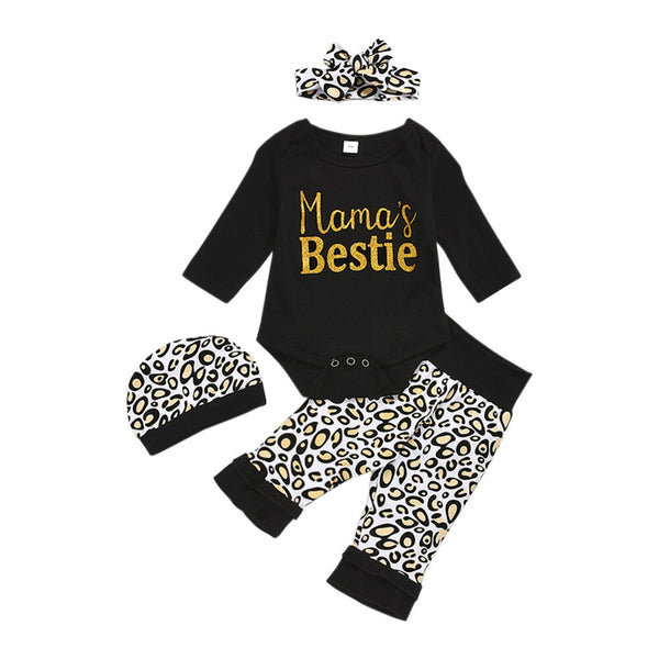 4 Pcs Mama's Bestie Baby Girls Romper + Leopard Splicing Pants, Hairband & Hat