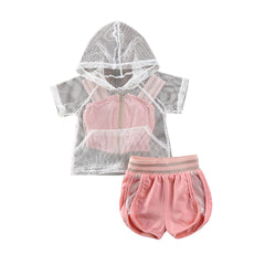 Baby Girls Fishnet Hoodies + Shorts Loose Pleated Tracksuit