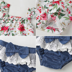 2 Pcs Baby Girl Summer Strap Tops + Lace Bow Briefs