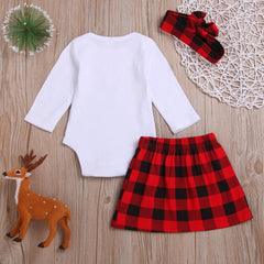 3 Pcs Baby Girls Christmas Plaid Tops +Skirt+Headband