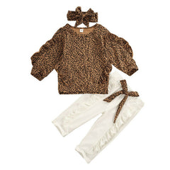 1-5 Years 3Pcs Girls Leopard Pullover Sweatshirt + Pants + Headband Set