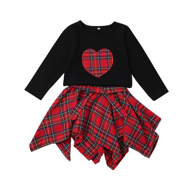 2 Pcs Girls Plaid Heart Tops + Skirt