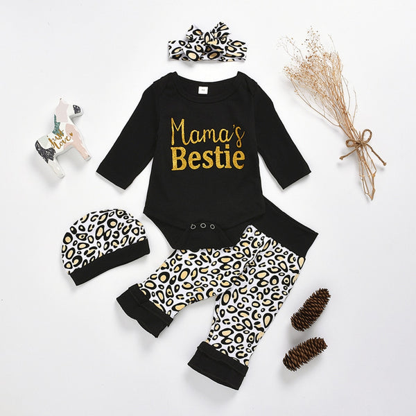 4 Pcs Mama's Bestie Baby Girls Romper + Leopard Splicing Pants, Hairband & Hat