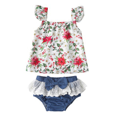 2 Pcs Baby Girl Summer Strap Tops + Lace Bow Briefs