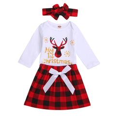 3 Pcs Baby Girls Christmas Plaid Tops +Skirt+Headband