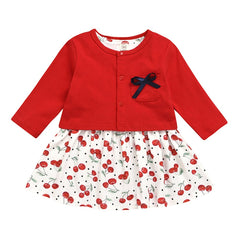 Casual Baby Girls Cherry Dress + Bowknot Tops Outfit