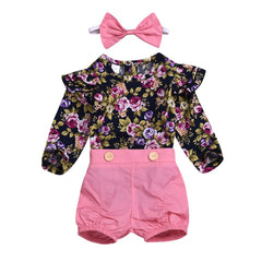 3 Pcs Spring Baby Girls Floral Romper + Shorts + Headdress