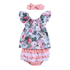 Baby Girl Spring/Summer Flower Dress+Bowknot Headband+Underwear