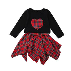 2 Pcs Girls Plaid Heart Tops + Skirt